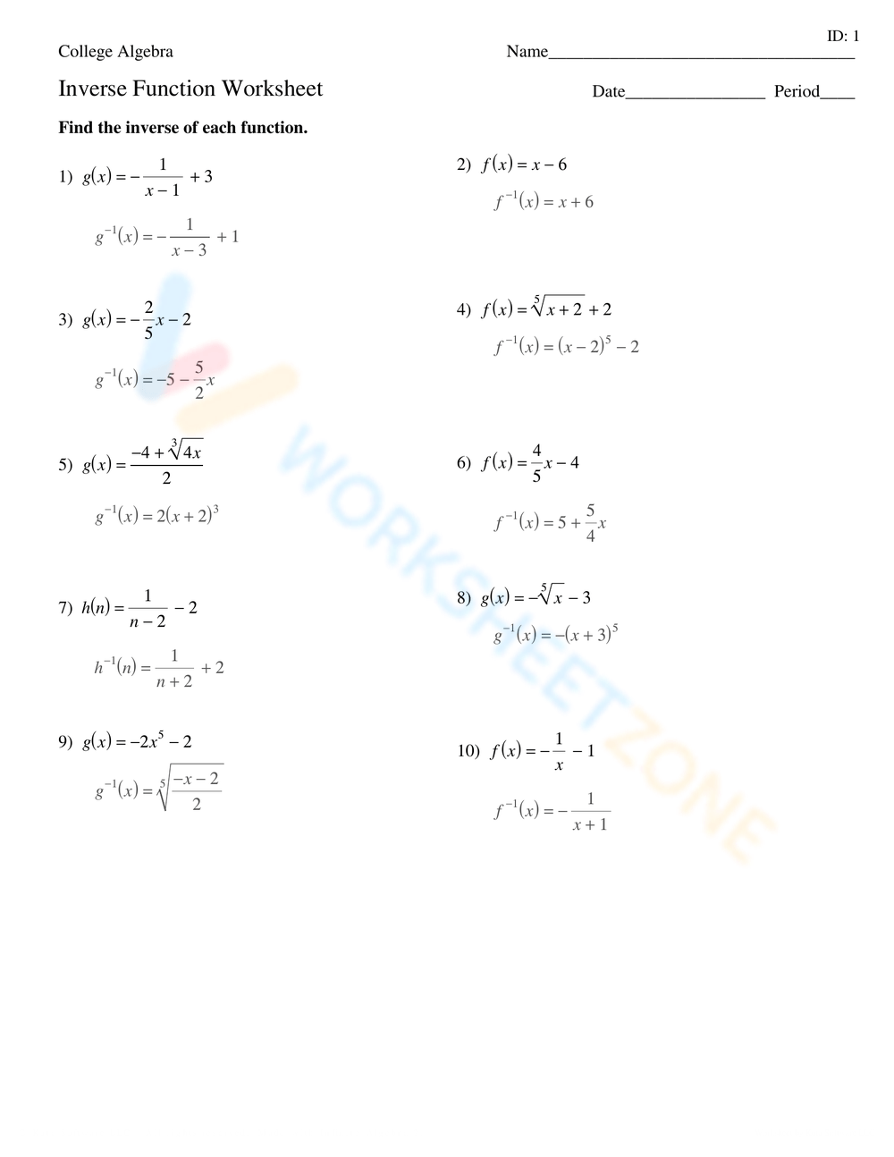 Free Printable Inverse Functions Worksheets For Students Worksheets 