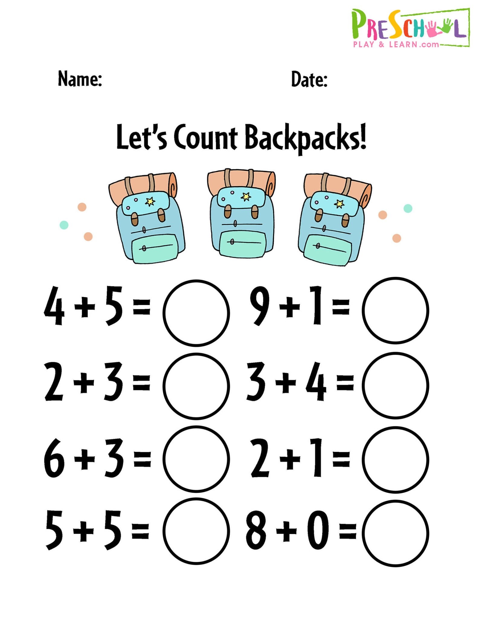FREE Printable Kindergarten Addition Worksheets Numbers 1 10