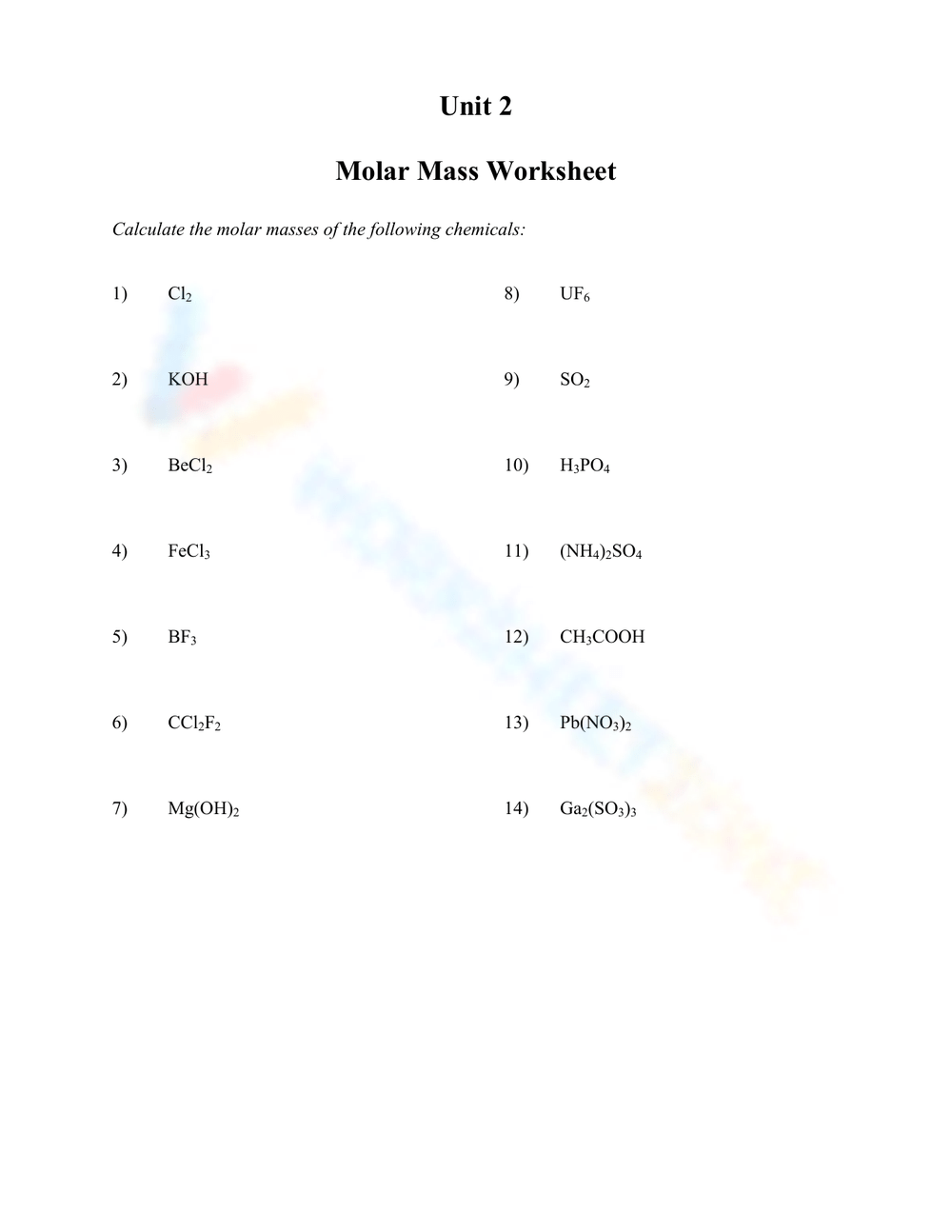 Free Printable Molar Mass Worksheet Answers For Students Worksheets 