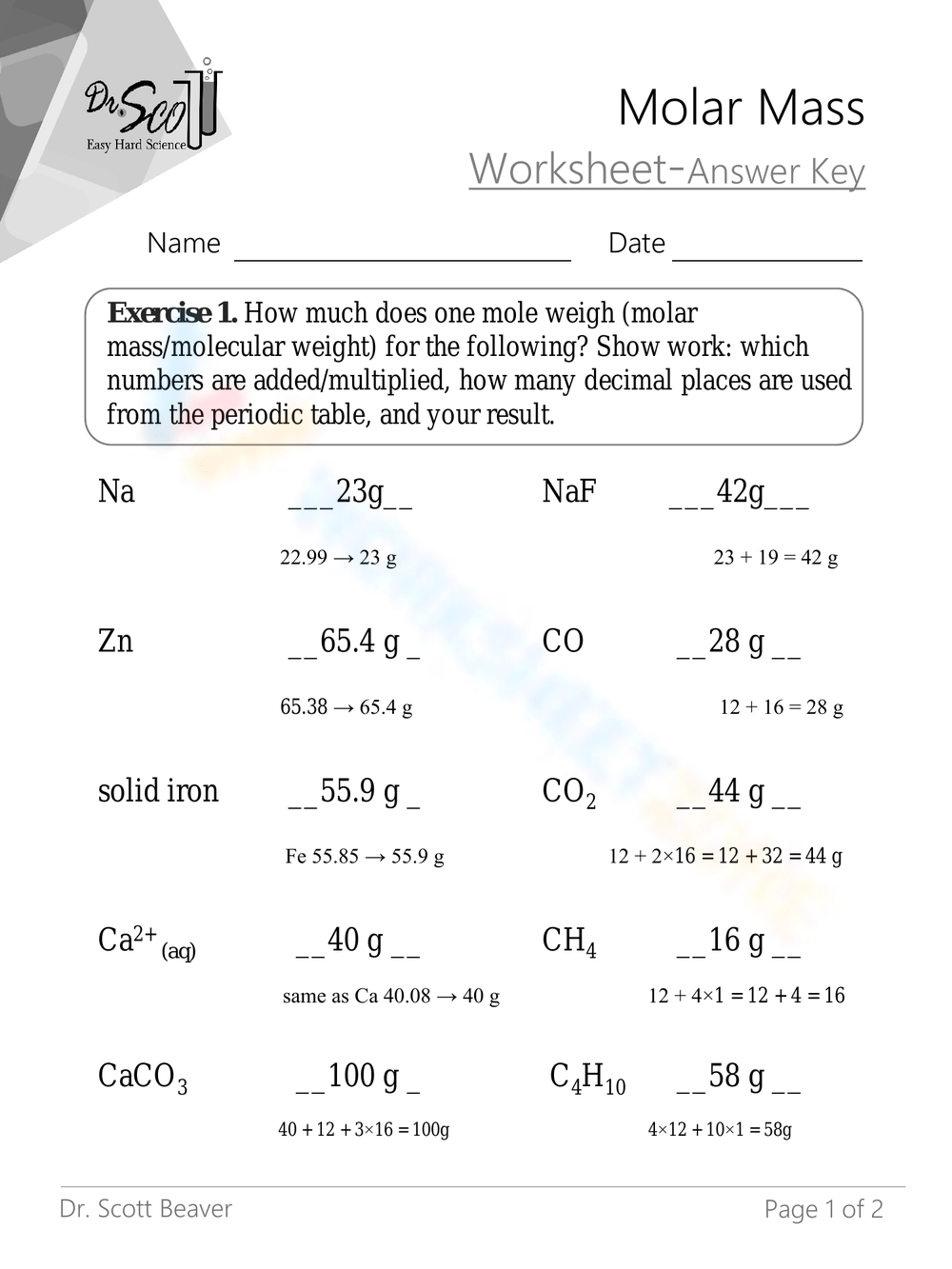 Free Printable Molar Mass Worksheet Answers For Students Worksheets 