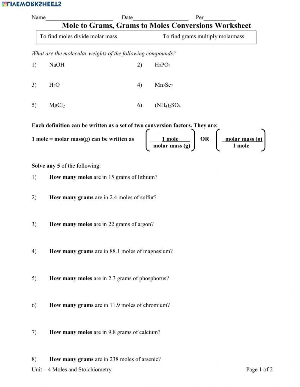 Free Printable Mole To Mole Stoichiometry Worksheets Worksheets Library