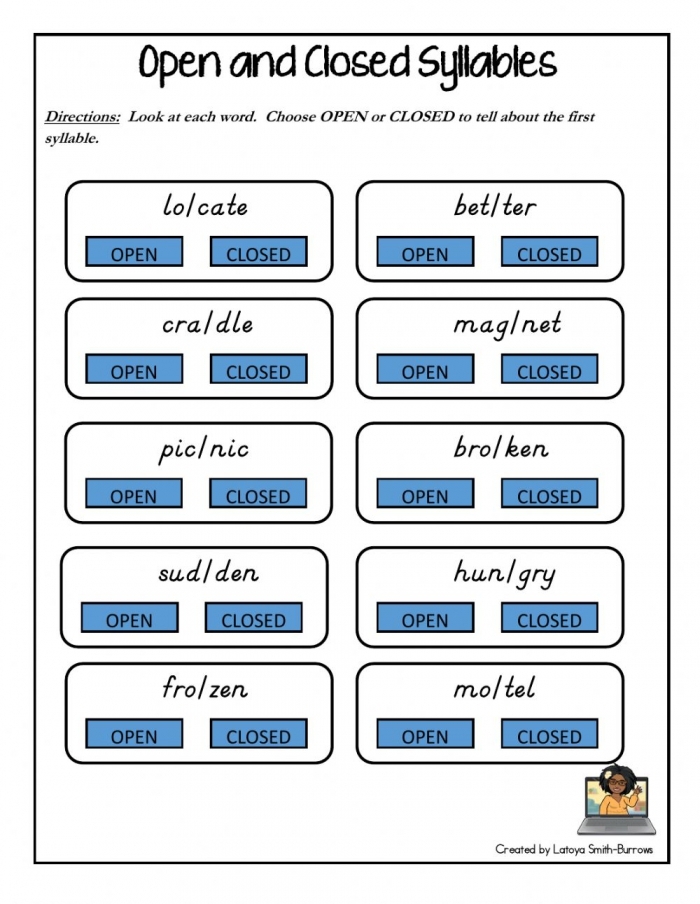 FREE Printable Open And Closed Syllables Reading Activity Worksheets 