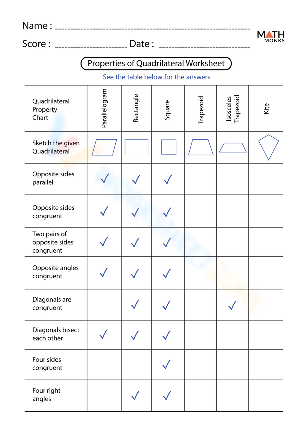 Free Printable Properties Of Quadrilaterals Worksheets Worksheets Library