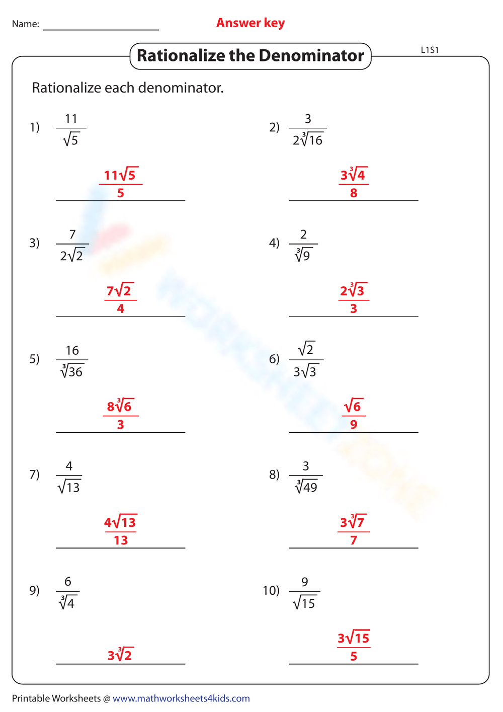 Free Printable Rationalizing The Denominator Worksheets Worksheets 