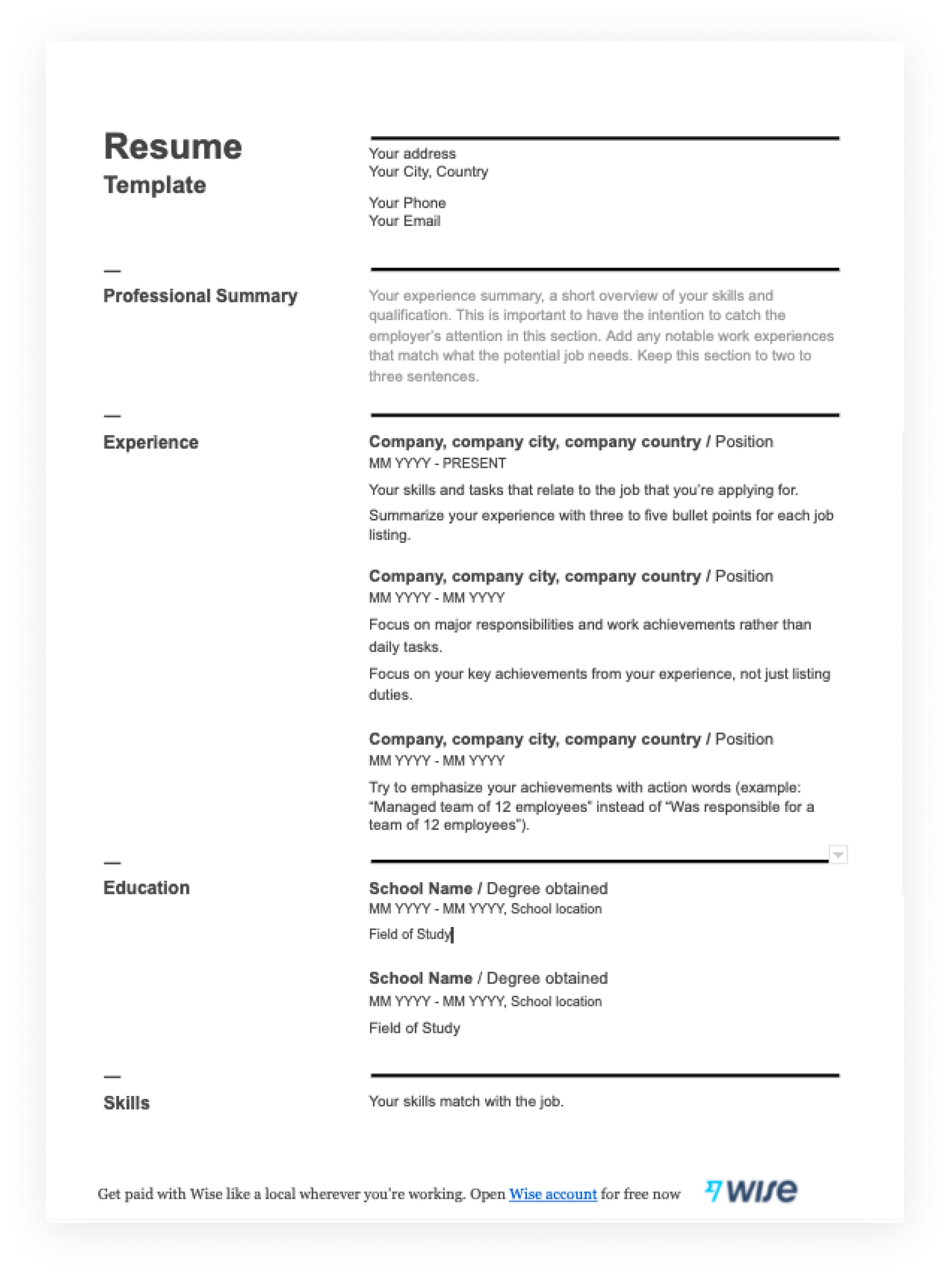 printable free resume templates