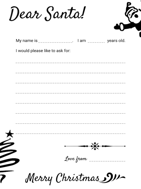 Free Printable Simple Black And White Dear Santa Letter Template InkPx