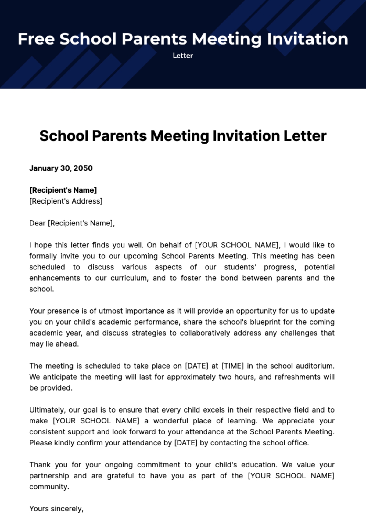 Free School Parents Meeting Invitation Letter Template To Edit Online