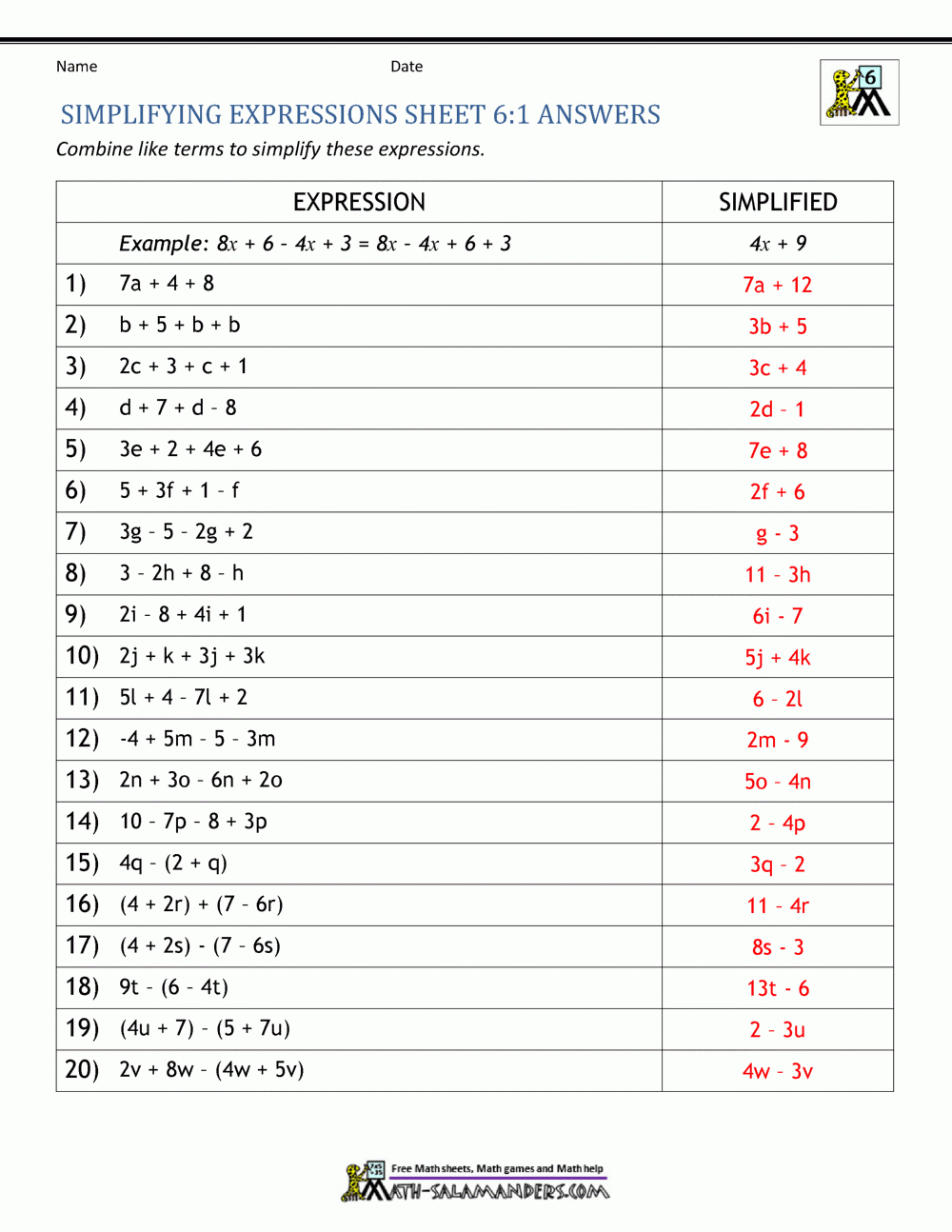 simplifying algebraic expressions worksheets with answers pdf