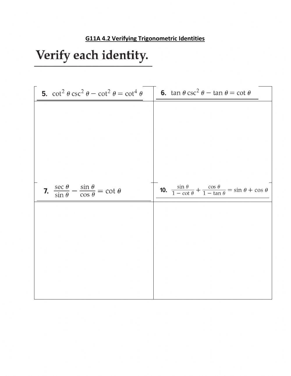 G11 4 2 Verifying Trigonometric Identities Worksheet Live Worksheets