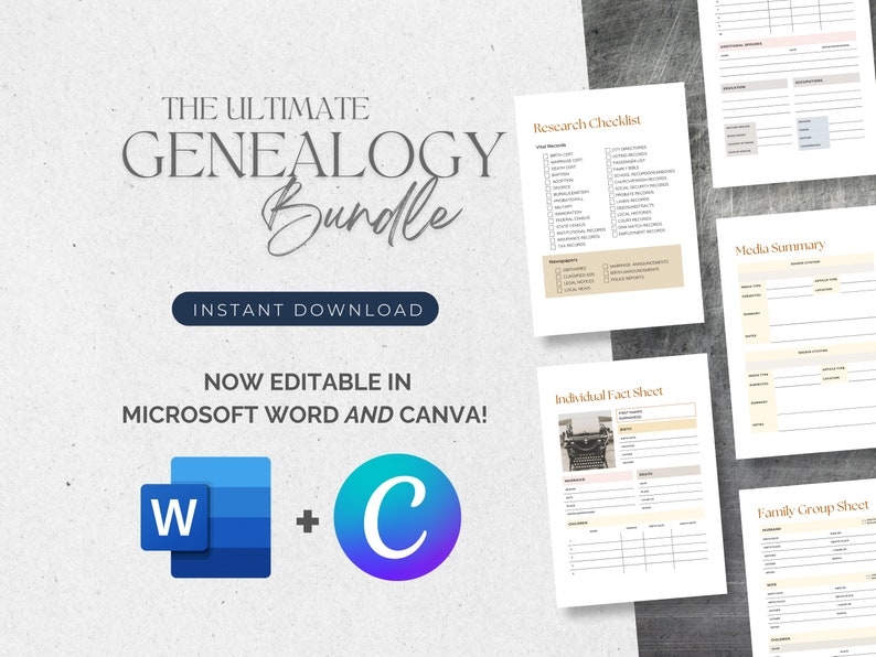 Genealogy Worksheet Bundle Microsoft Word Ancestry Form Etsy