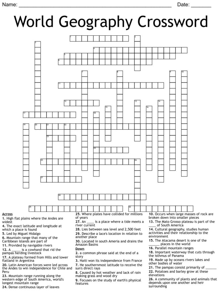 Geography Crossword Printable Printable JD