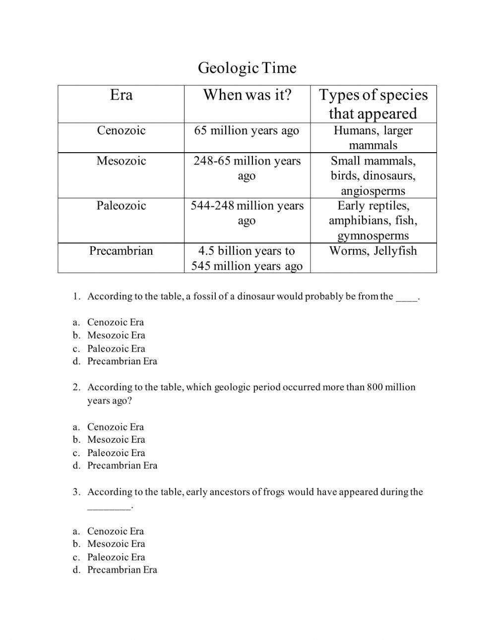 Geologic Time Worksheet ANSWERS PDF Geologic Time Scale