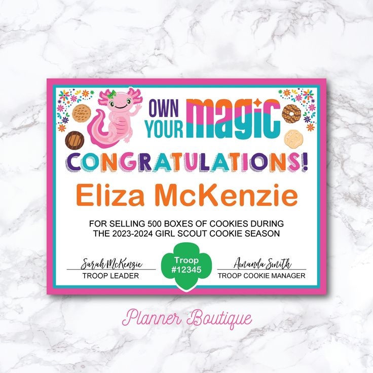Girl Scout Cookie Order Sales Award Certificate Printable Top Seller 