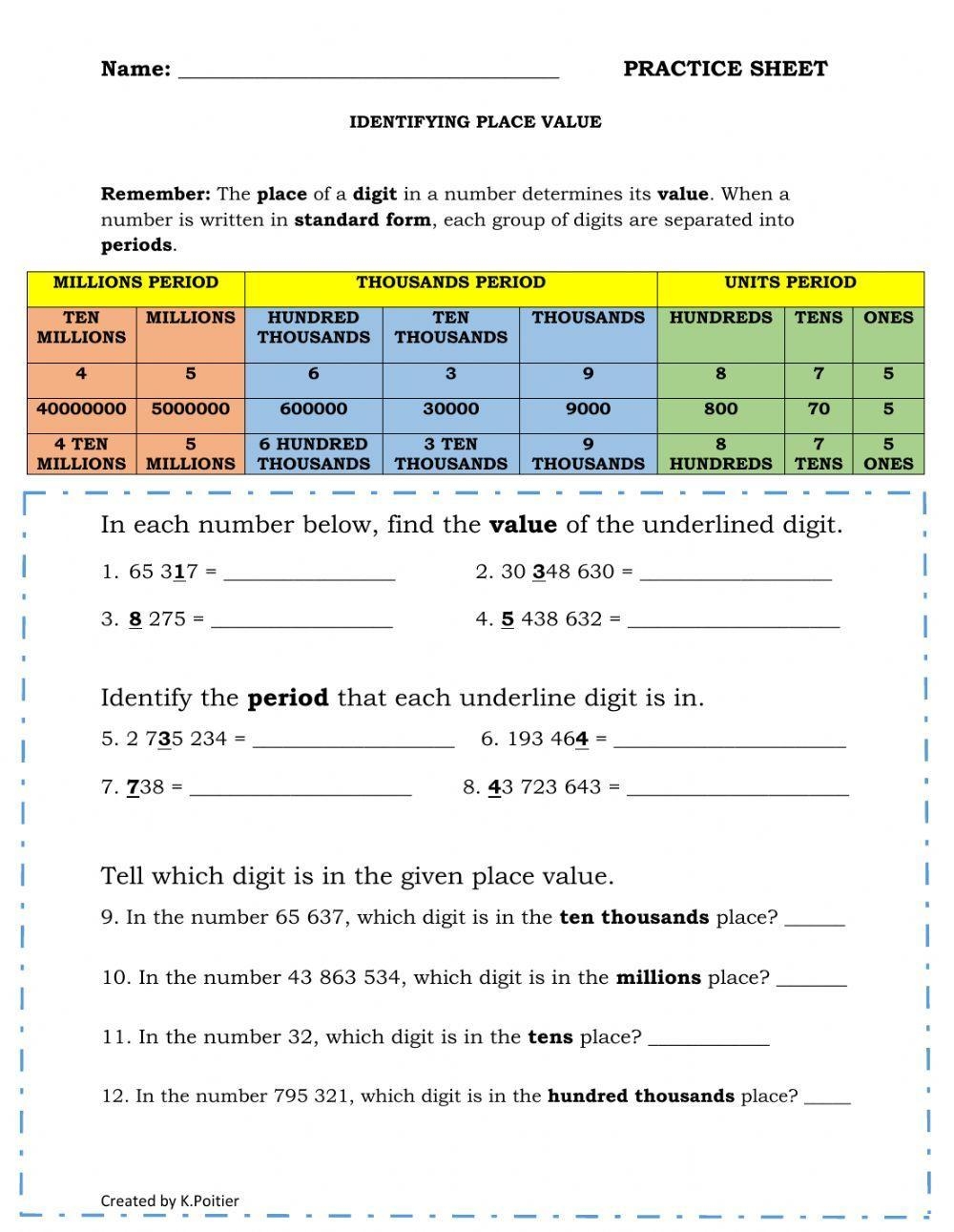 Grade 5 Math Worksheets Fill In The Missing Place Values 5 