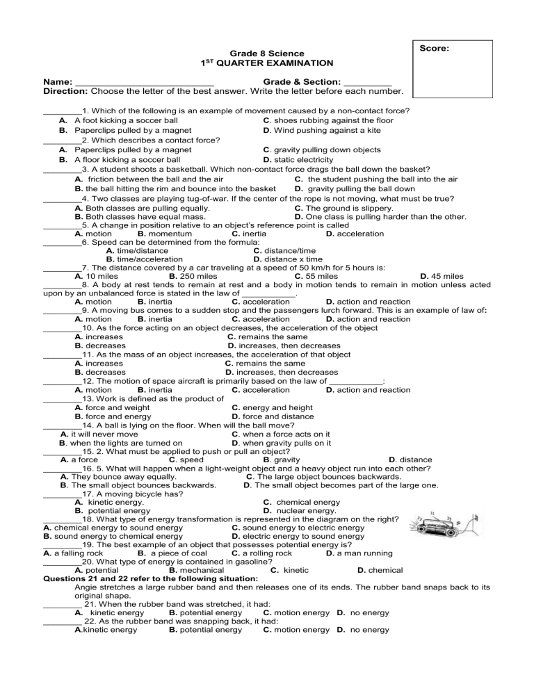 Grade 8 Science Exam Forces Motion And Energy