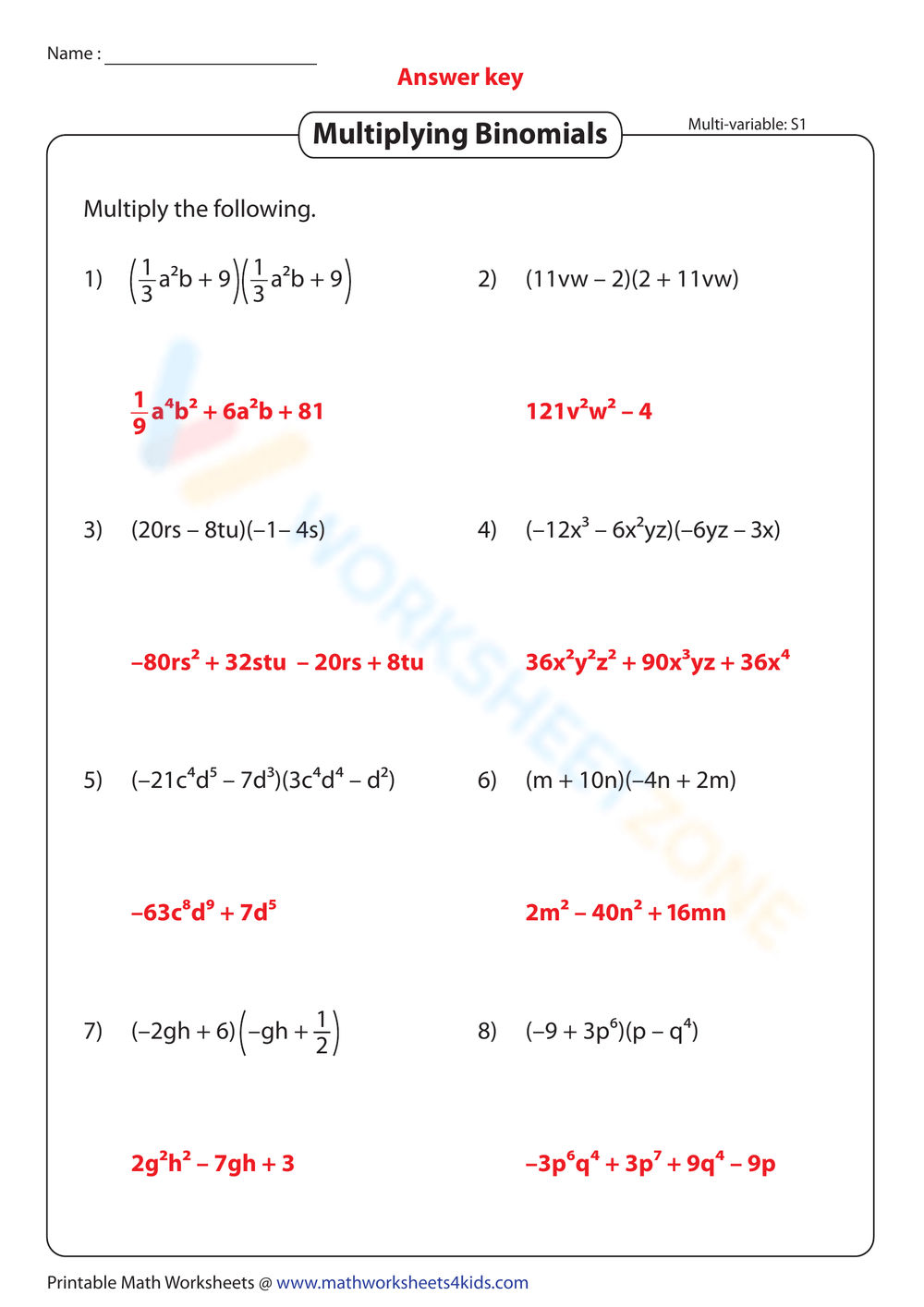 multiplying monomials worksheet