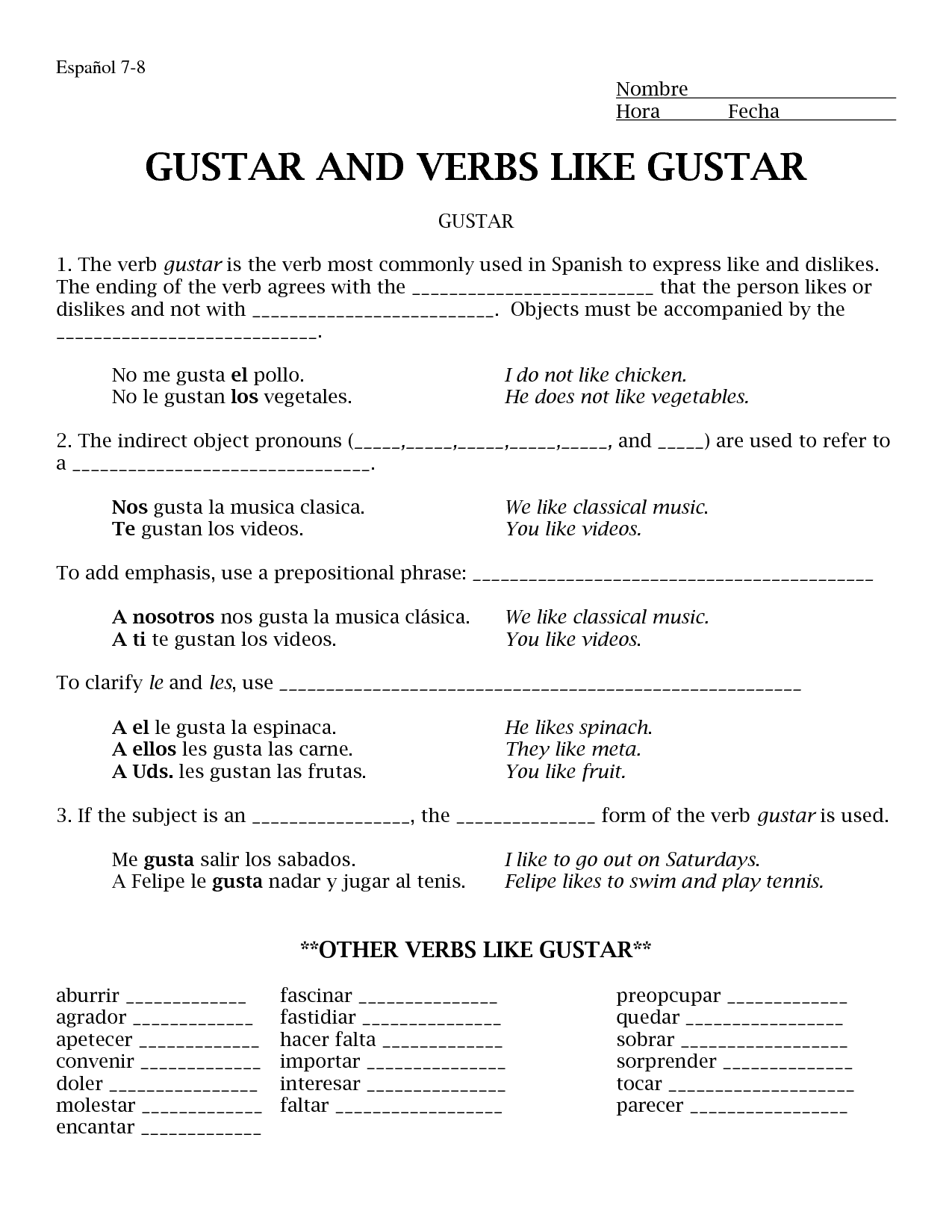 Gramatica A The Verb Gustar Worksheet Answers Printable And Enjoyable 