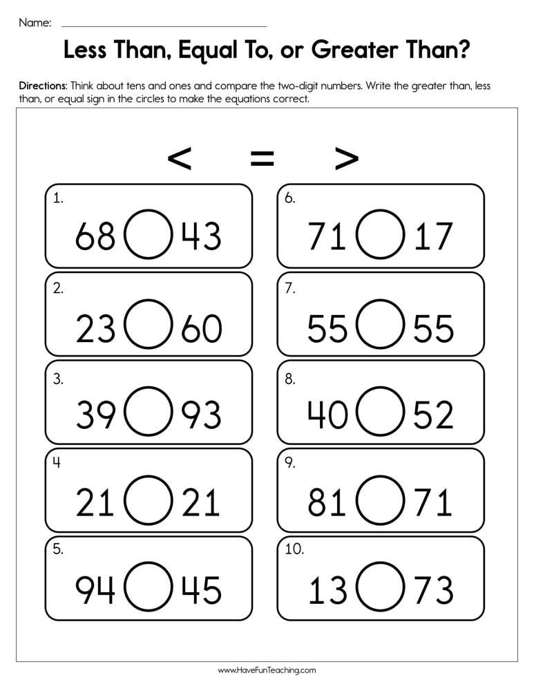 greater than less than worksheets grade 1