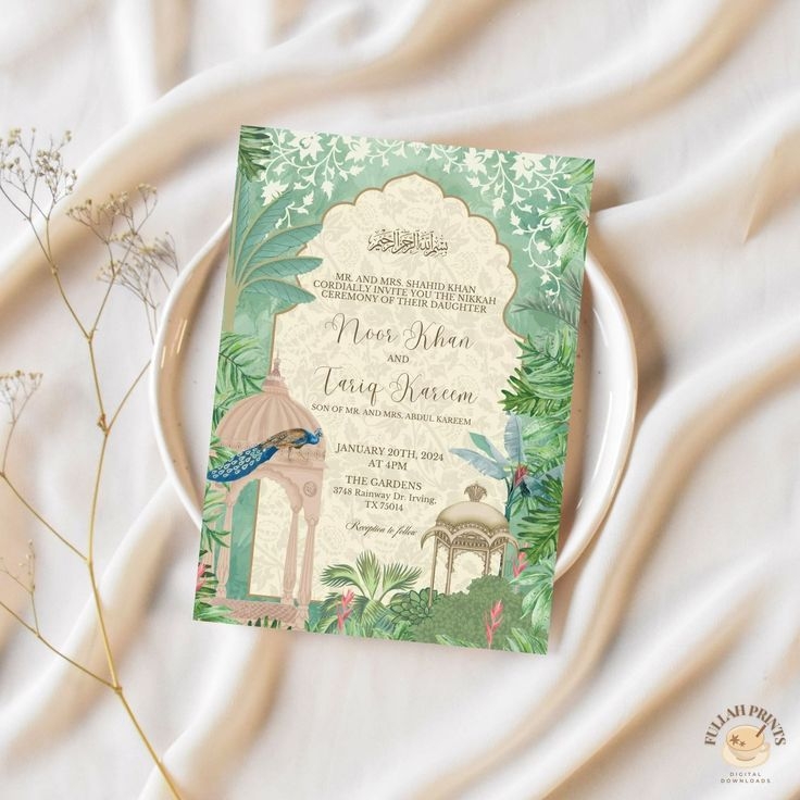 Green Mughal Garden Nikkah Invitation Islamic Wedding Invitation