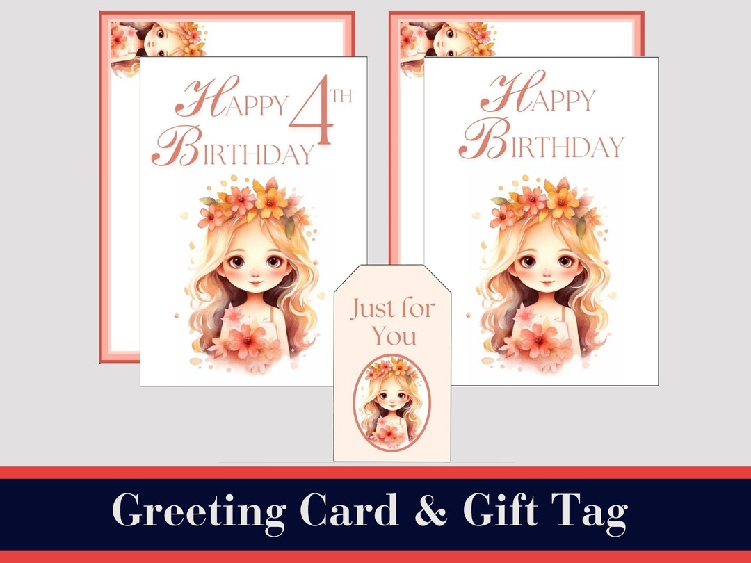 Happy 4th Birthday Card Printable Birthday Card For A Four Etsy