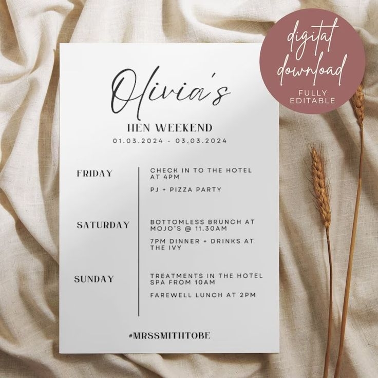 Hen Weekend Itinerary Invite Template Hen Weekend Itinerary Digital Hen 