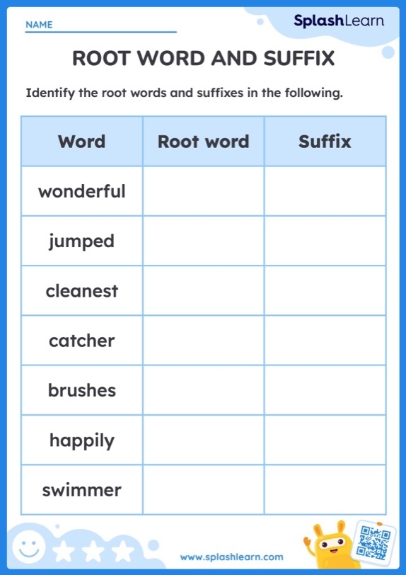 Identify The Root Word And Suffix ELA Worksheets SplashLearn 