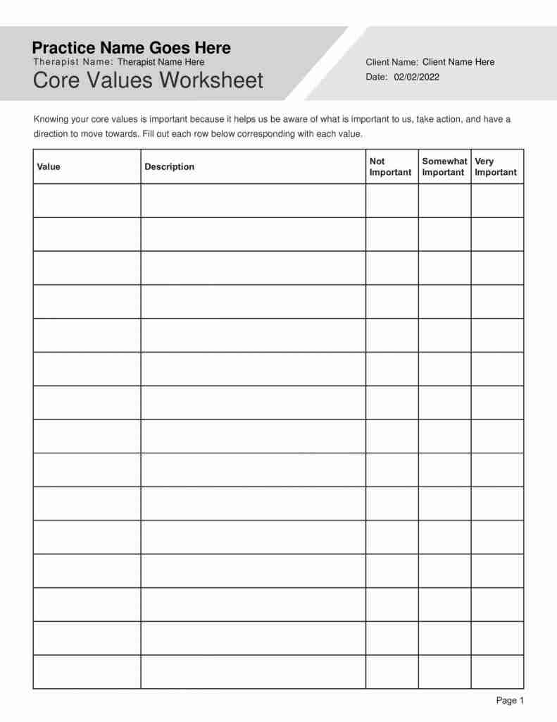 Identifying Core Values Worksheet Editable Fillable Printable PDF 