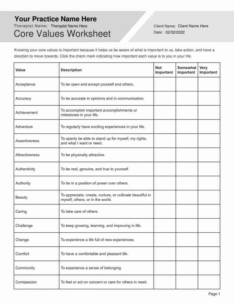 identifying core values worksheet pdf