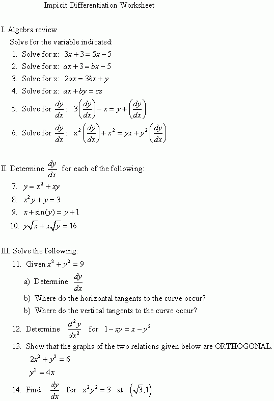 Implicit Differentiation Worksheet Worksheets Library