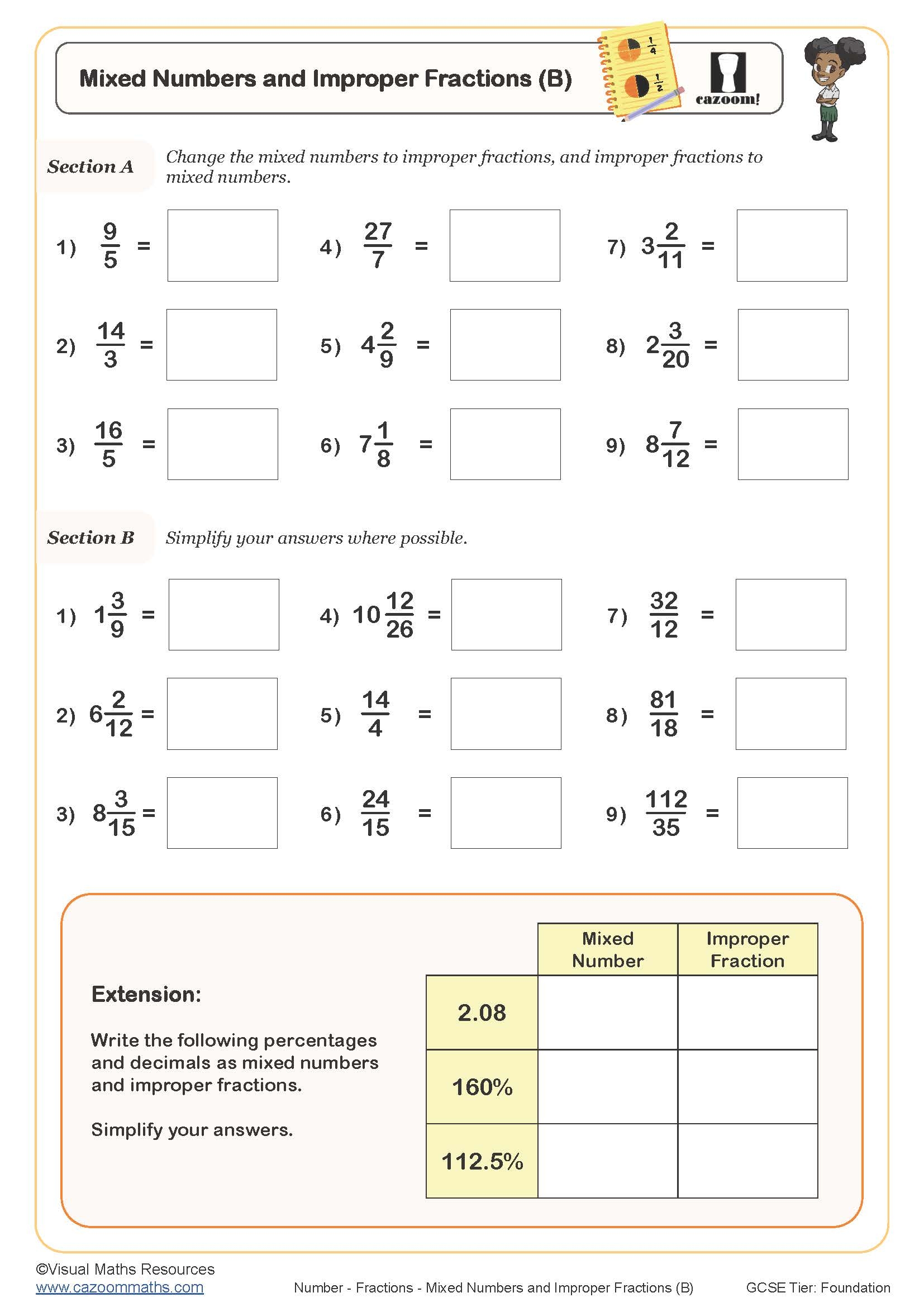 Improper Fractions To Mixed Numbers Worksheet examples Answers