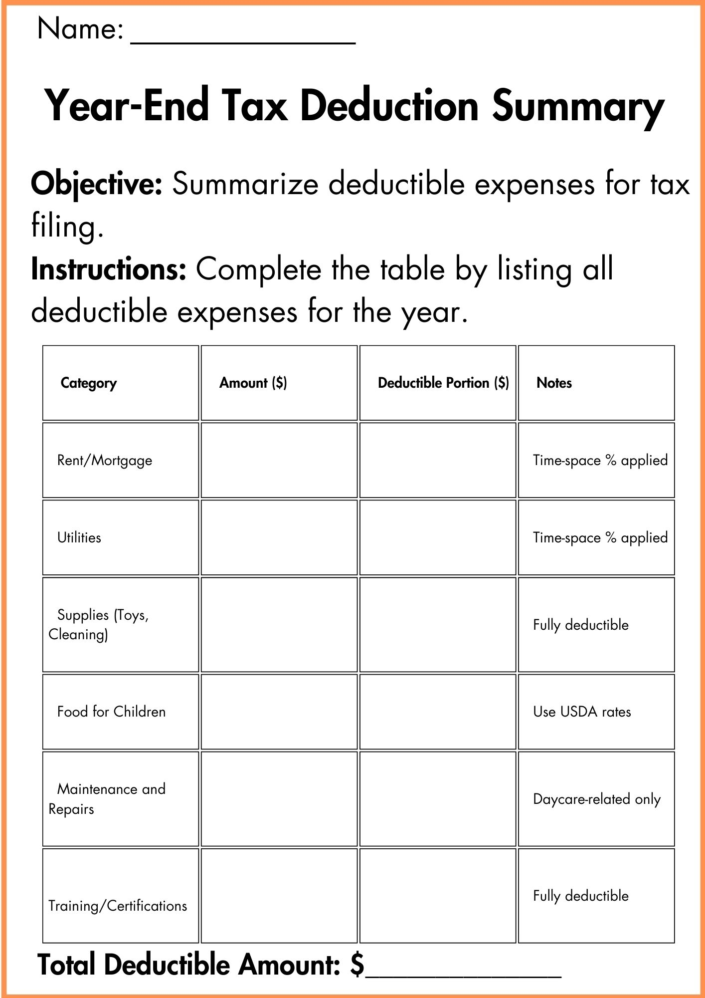 In Home Daycare Tax Deduction Worksheet