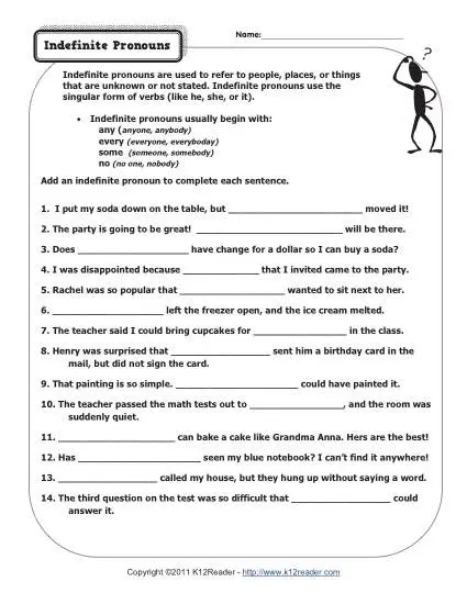 Indefinite Pronouns Pronoun Worksheets