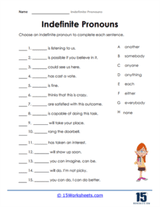 Indefinite Pronouns Worksheets 15 Worksheets