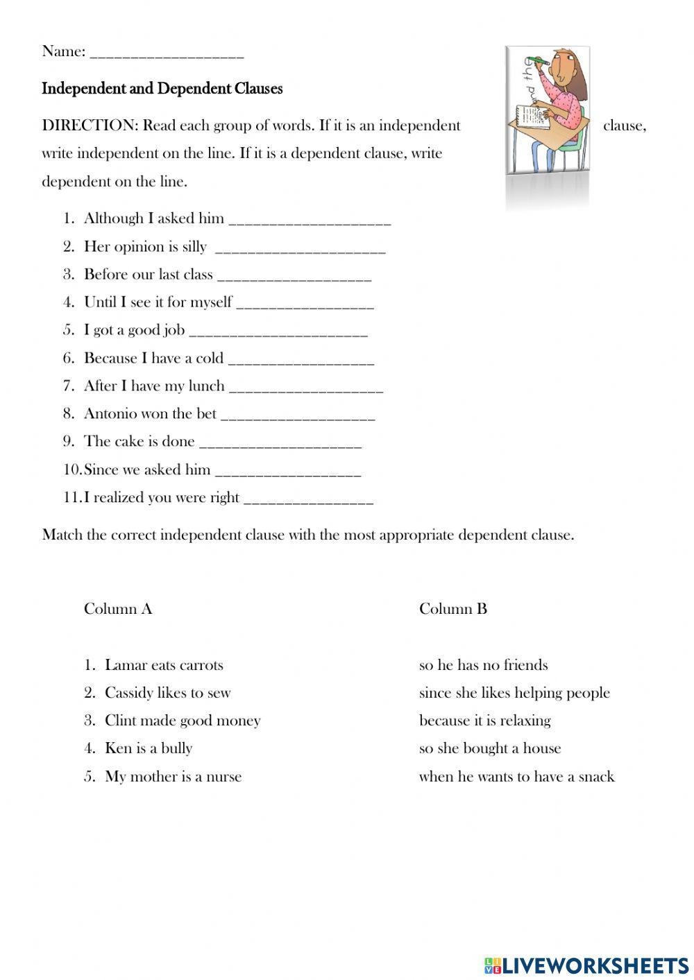 Independent And Dependent Clause Activity Live Worksheets 