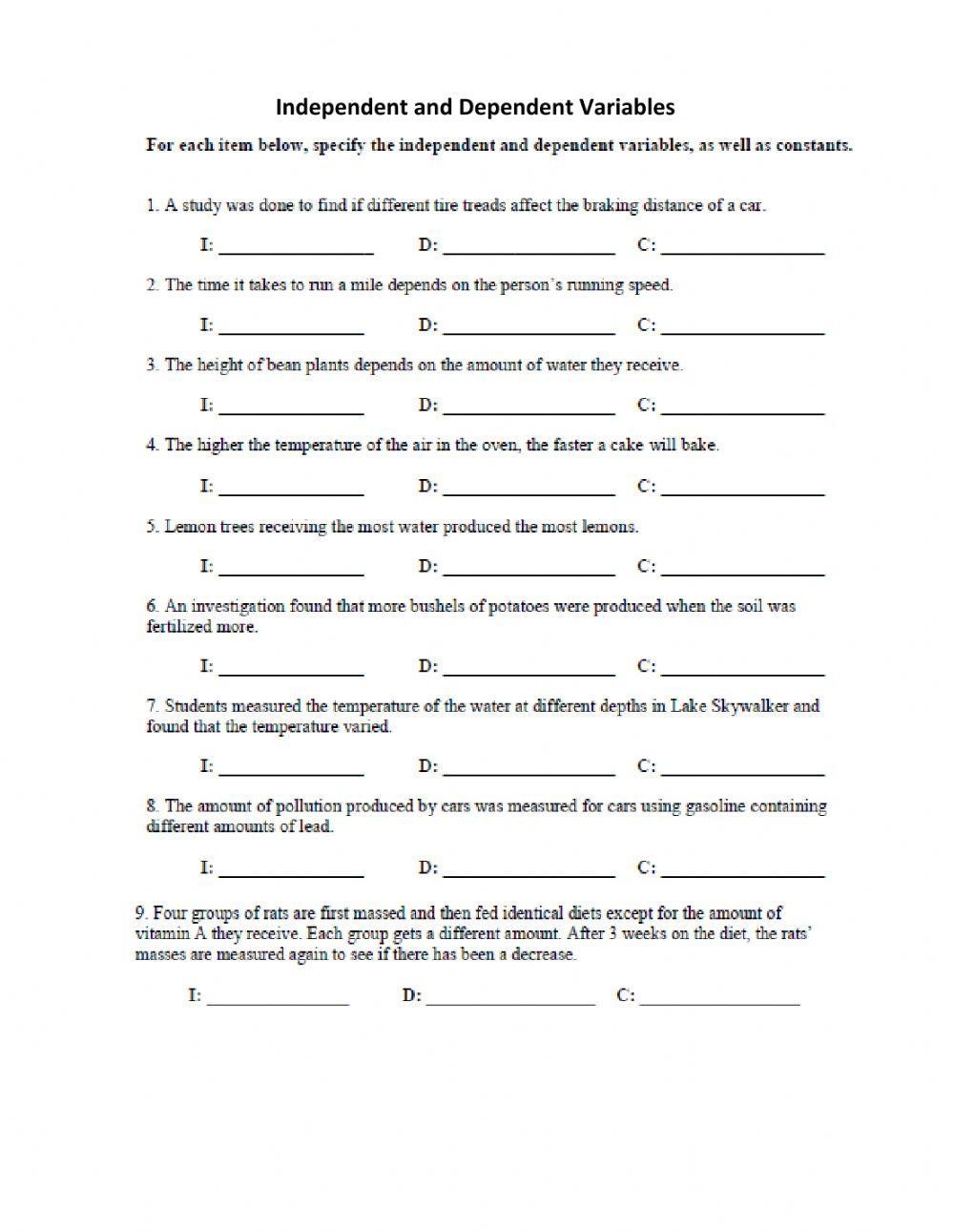 independent variable dependent variable worksheet