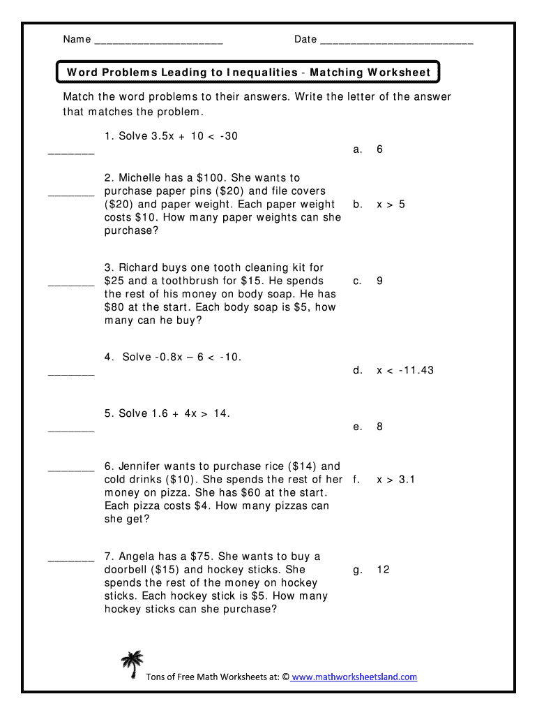 inequality story problems worksheet