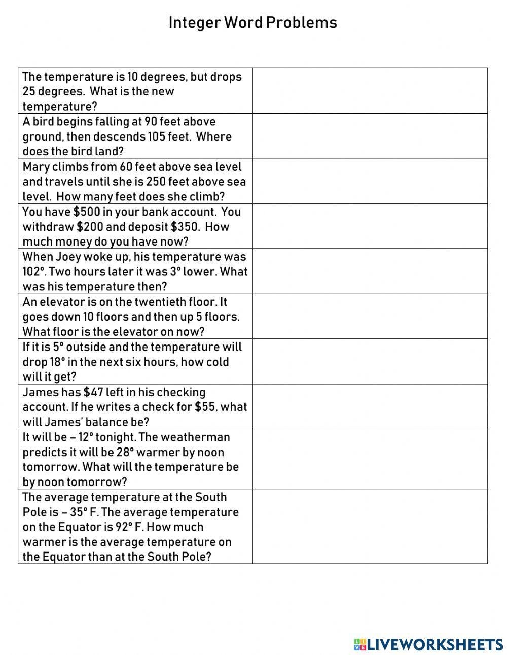 Integer Word Problems Practice Worksheet Live Worksheets Worksheets 