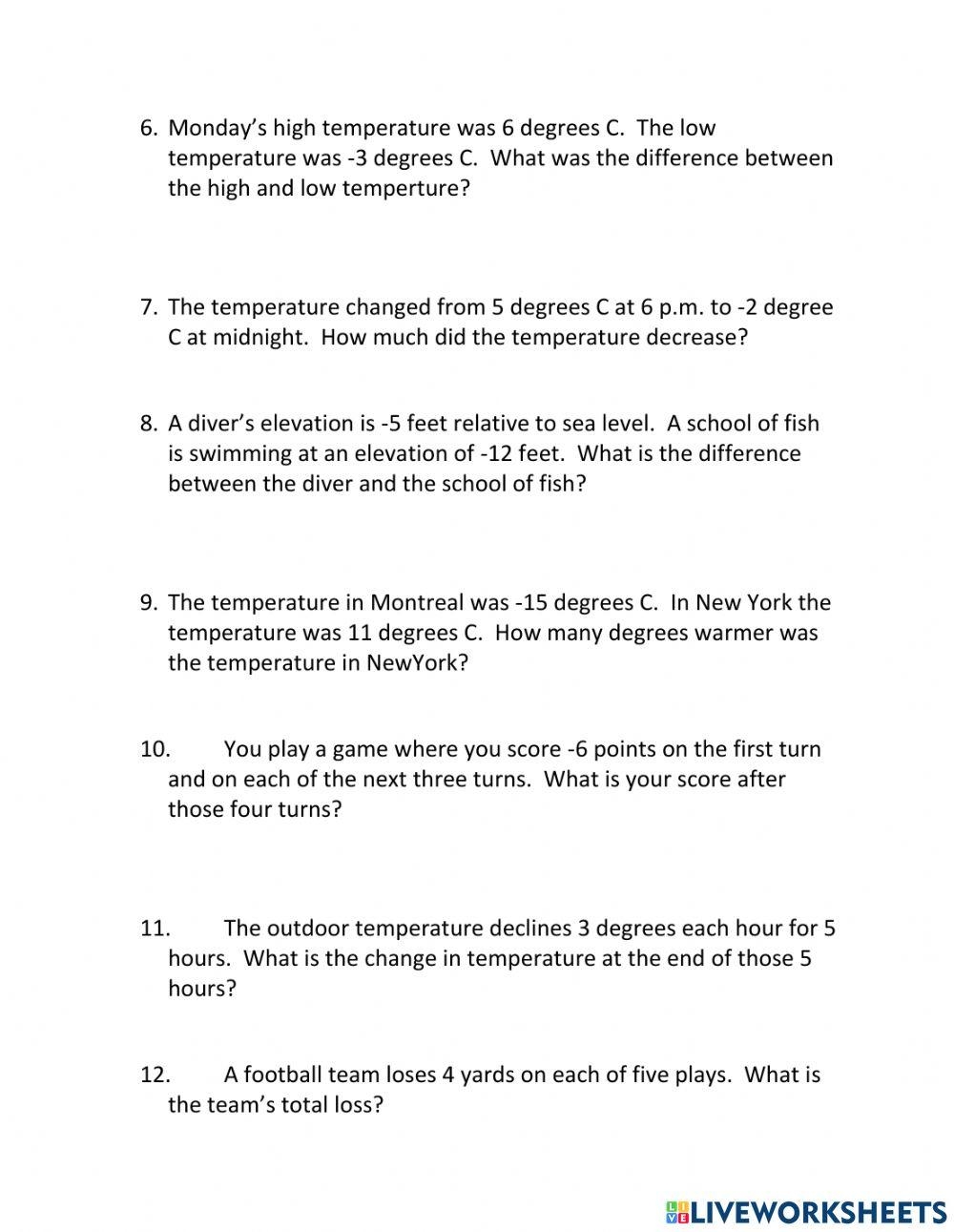Integer Word Problems Test Worksheet Live Worksheets Worksheets 