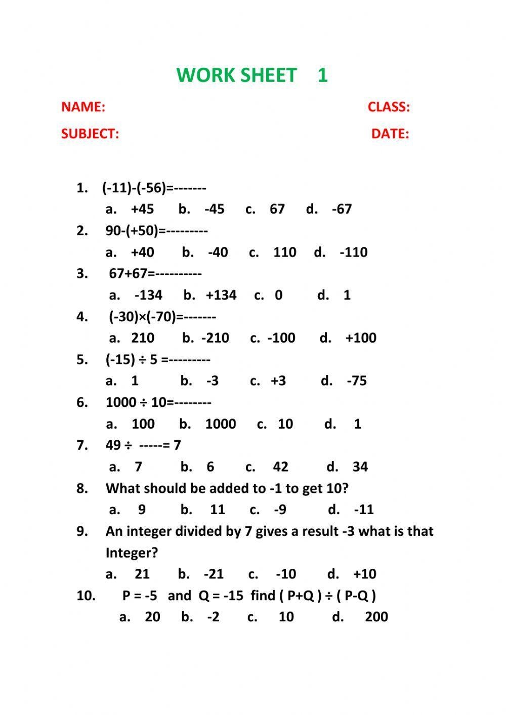 integers worksheet grade 7