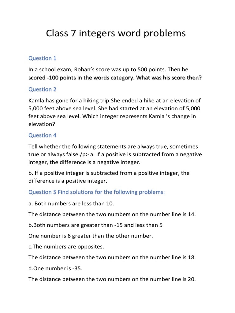 Integers Word Problems Grade 7 PPT Worksheets Library