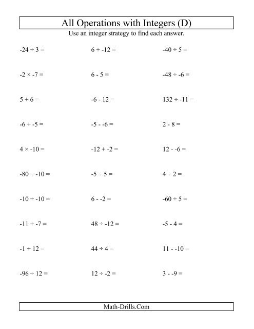 operations with integers worksheet pdf