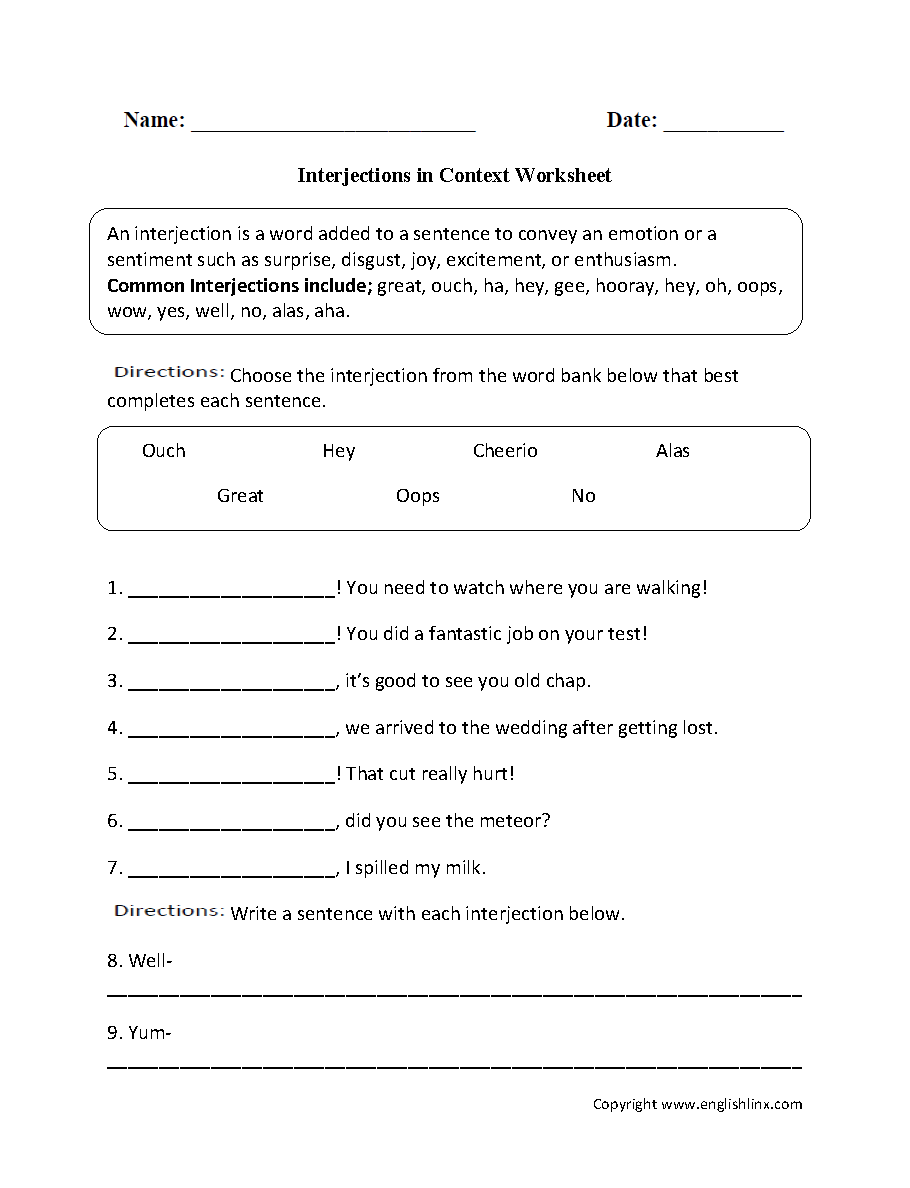 interjections worksheet
