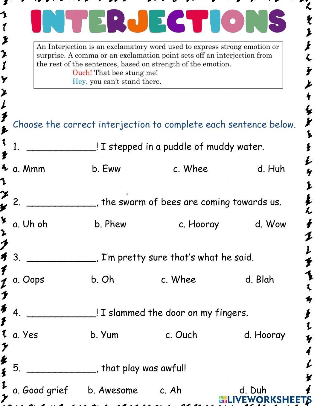 Interjections Worksheet Reading Level 1 Preview Worksheets Library