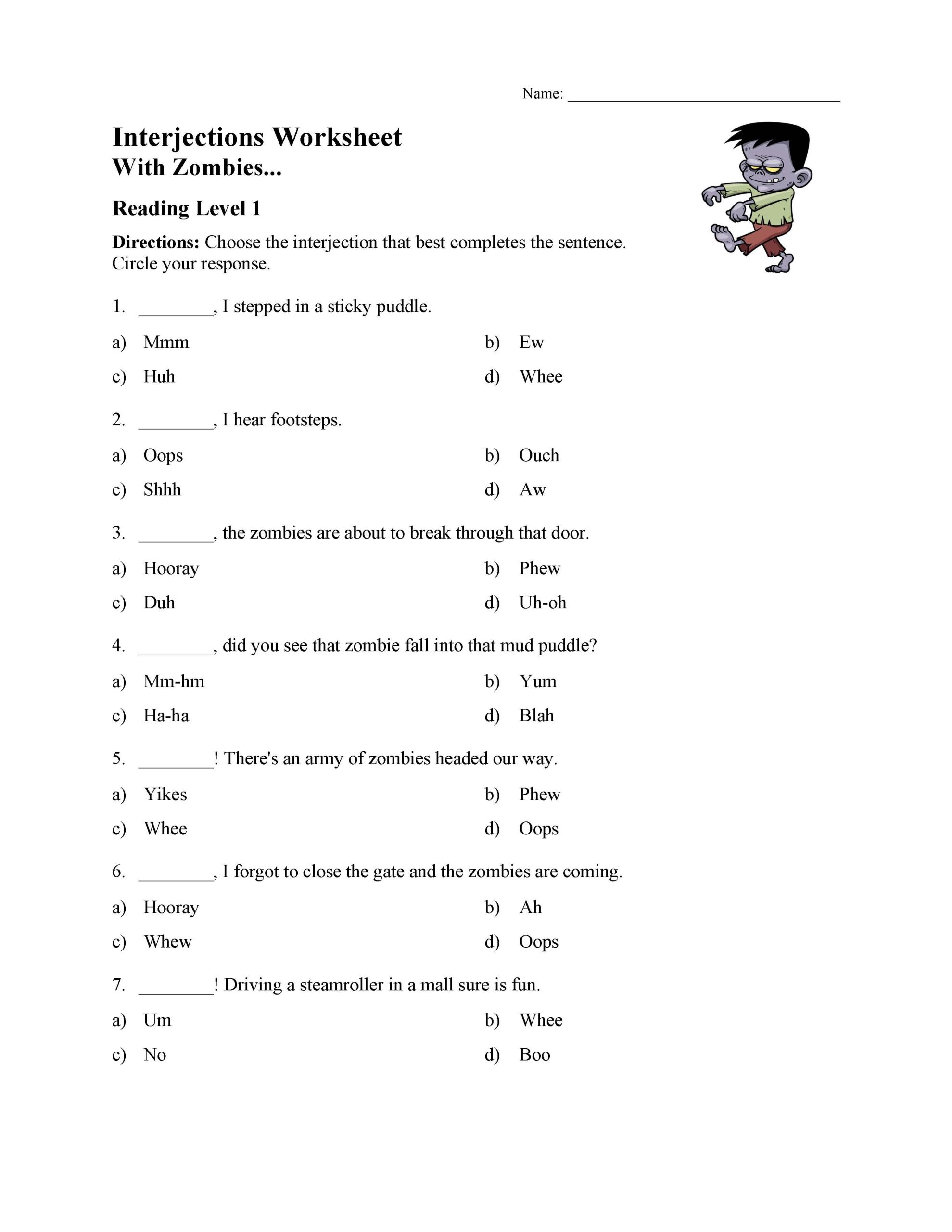 Interjections Worksheet Reading Level 1 Preview Worksheets Library