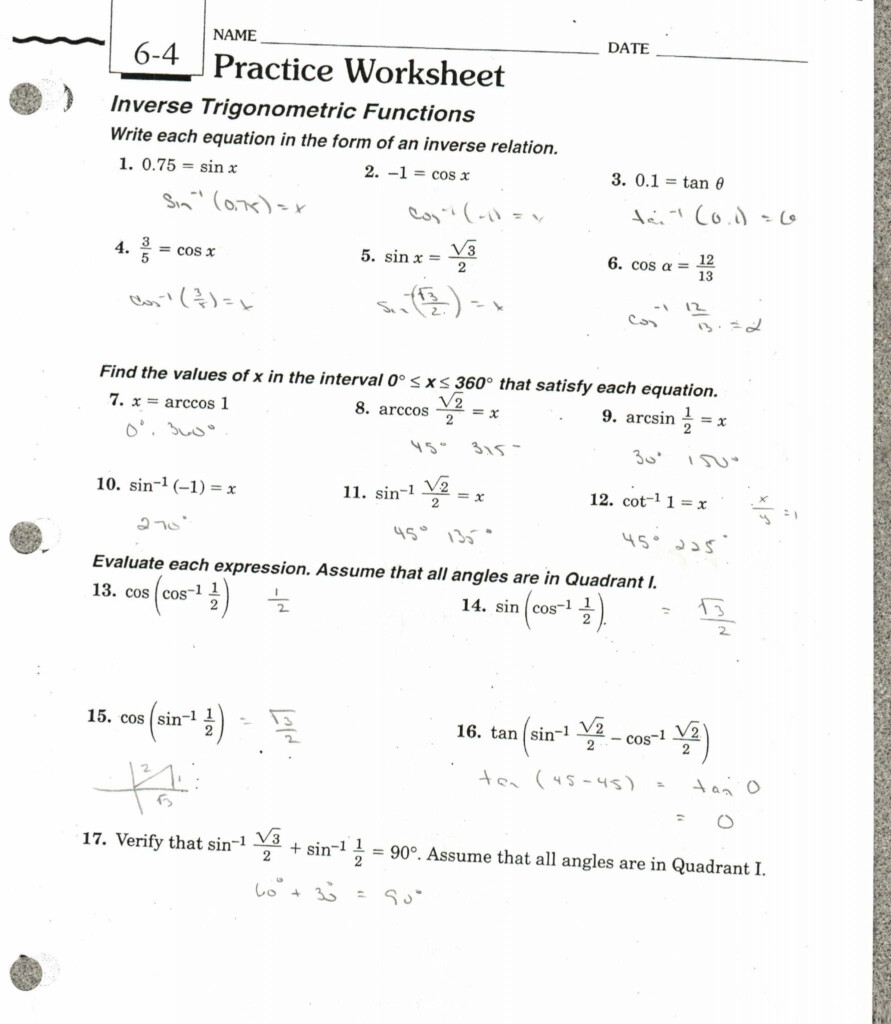 inverse trig functions worksheet