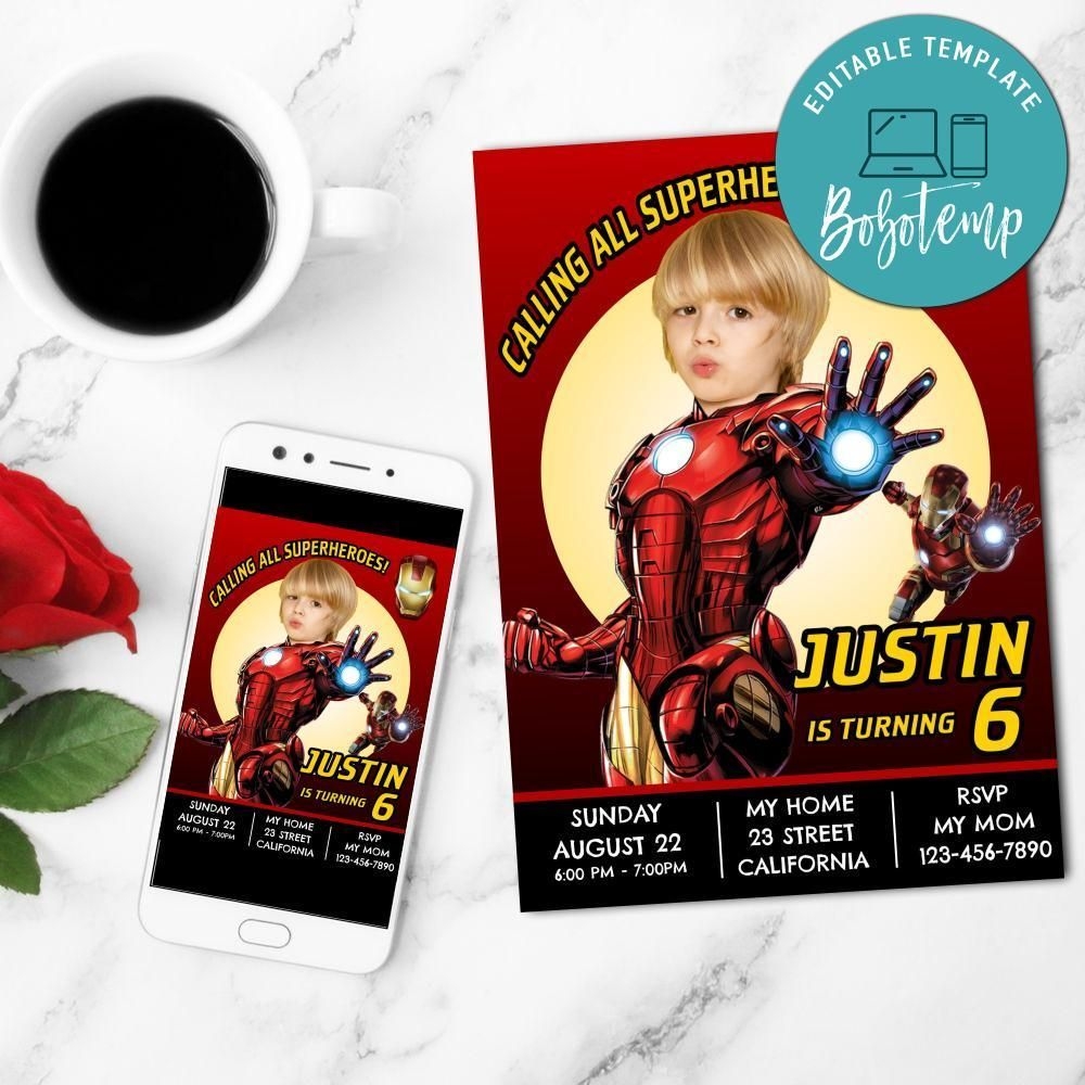 Iron Man Invitation With Photo Customizable Template DIY Bobotemp