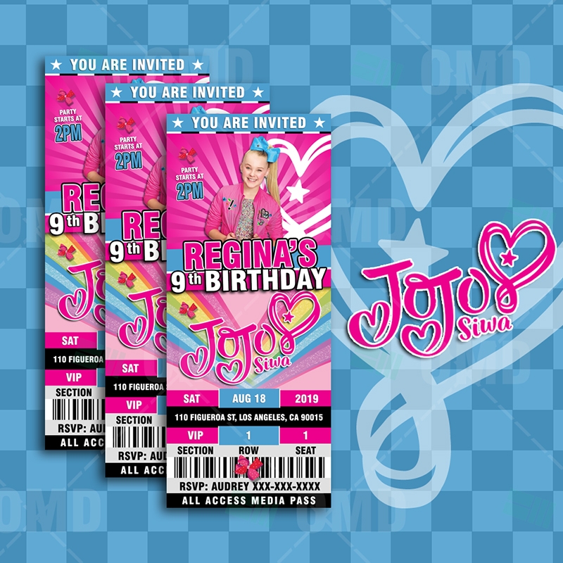 JoJo Siwa Ticket Style Birthday Cartoon Invites Cartoon Invites