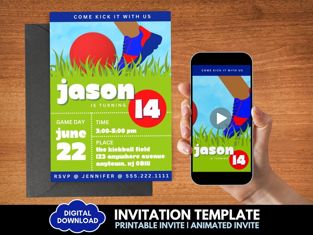 Kickball Birthday Invitation Template Editable 14th Birthday 