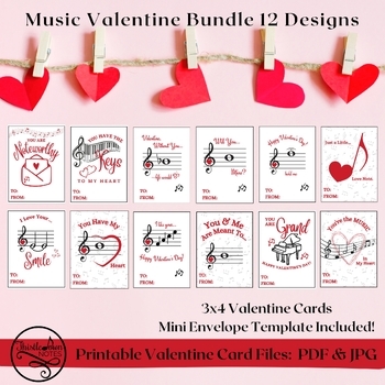 Kid Music Valentine Cards Bundle 12 Designs 3x4 Printable Cards 