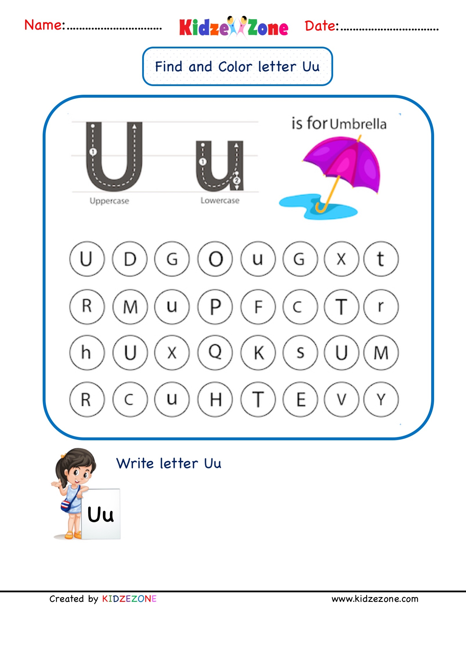 Kindergarten Letter U Worksheets Find And Color KidzeZone